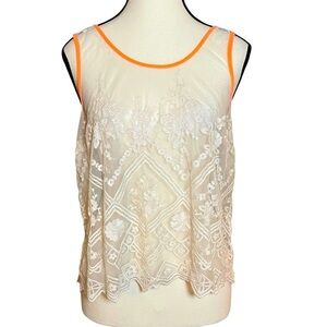 ASTR the Label Tank Top Womens Large Ivory Crochet Lace Neon Orange Trim Zip Up
